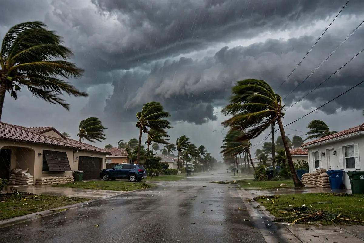 Heavy Florida rainstorm with flooded street during hurricane season