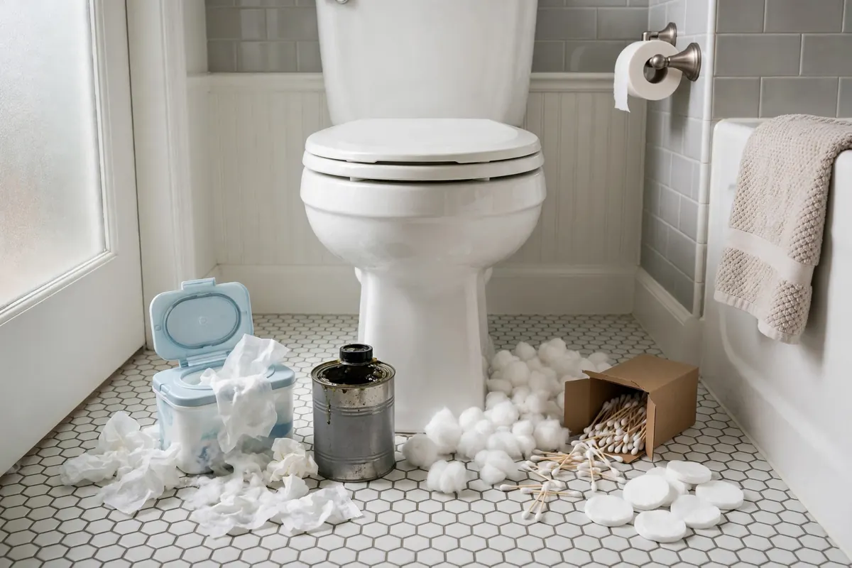 Bathroom trash bin next to toilet showing proper disposal of wipes and hygiene products