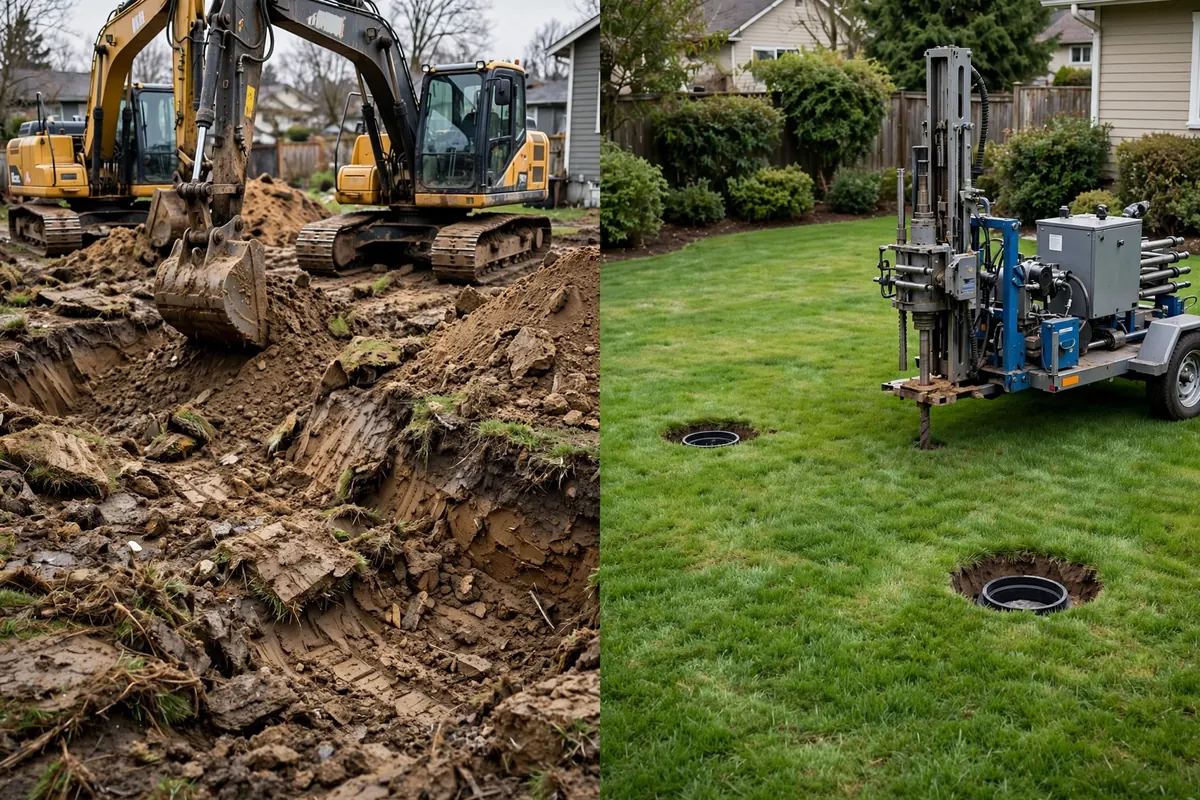 Side-by-side view of trenchless pipe lining equipment and open trench excavation