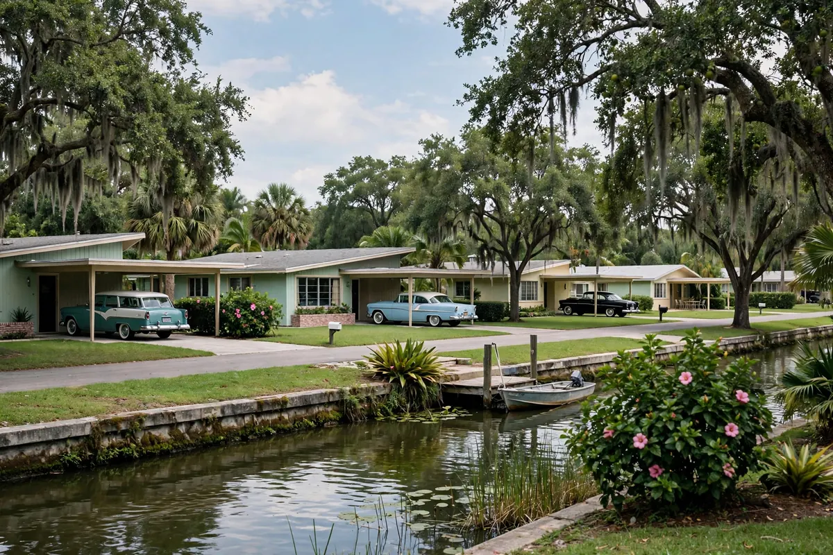 Bayshore Gardens Florida mid-century modern ranch home with carport and canal