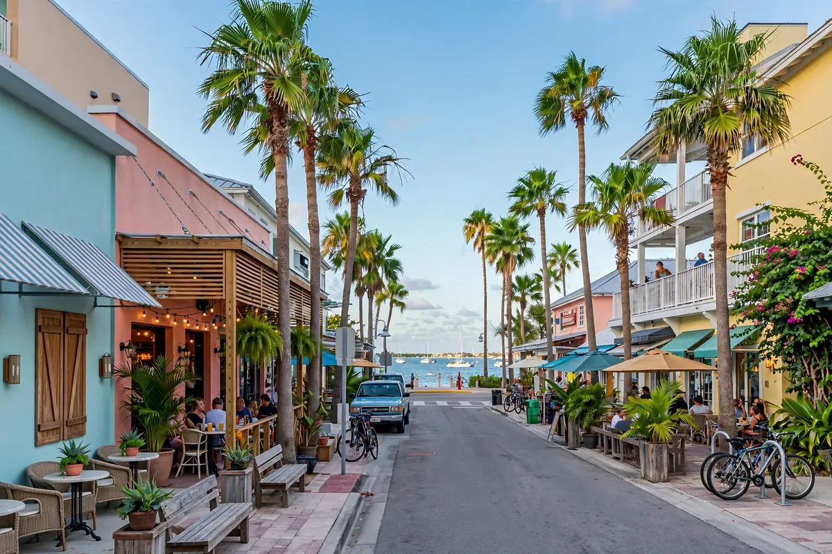 Bridge Street in Bradenton Beach Florida with historic pier and waterfront shops