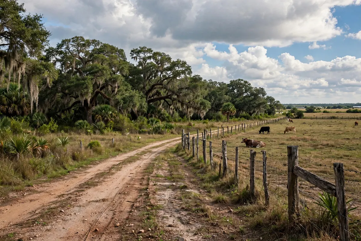 Myakka City Florida rural landscape with ranch land, oaks and open acreage