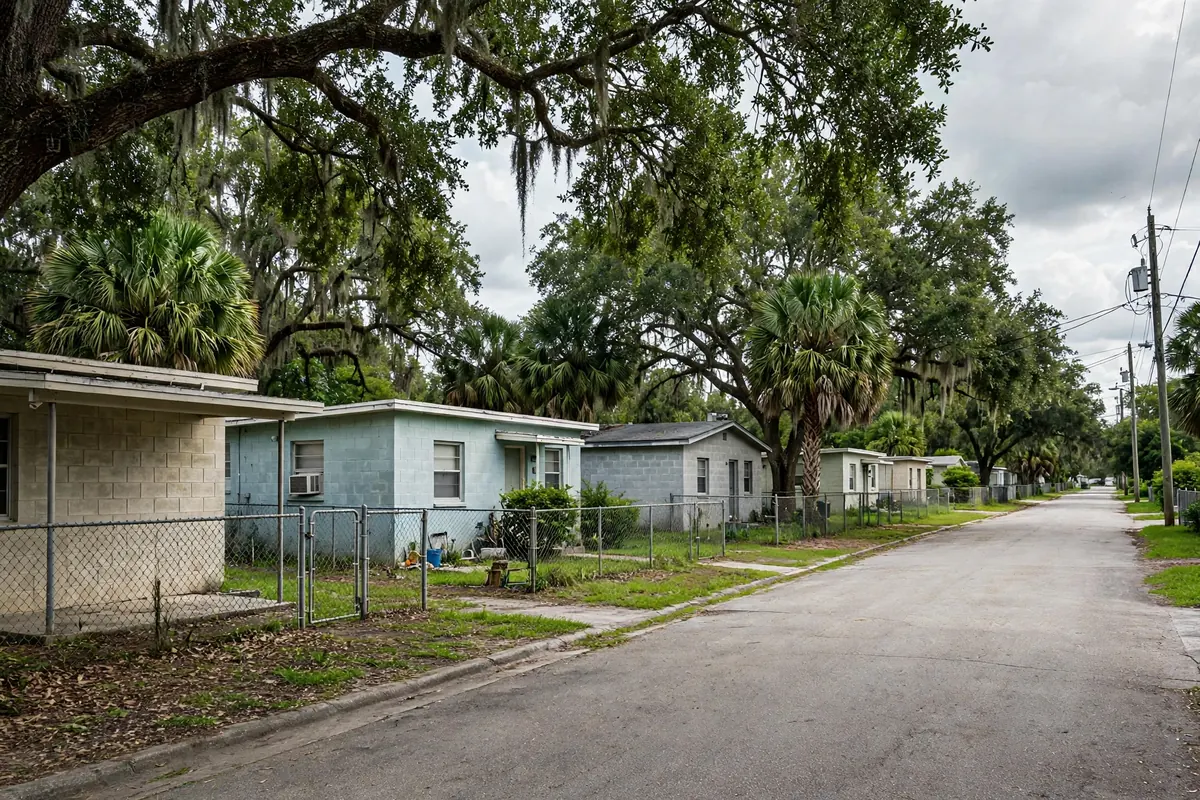 Samoset Florida residential street with 1950s ranch homes and spacious lots