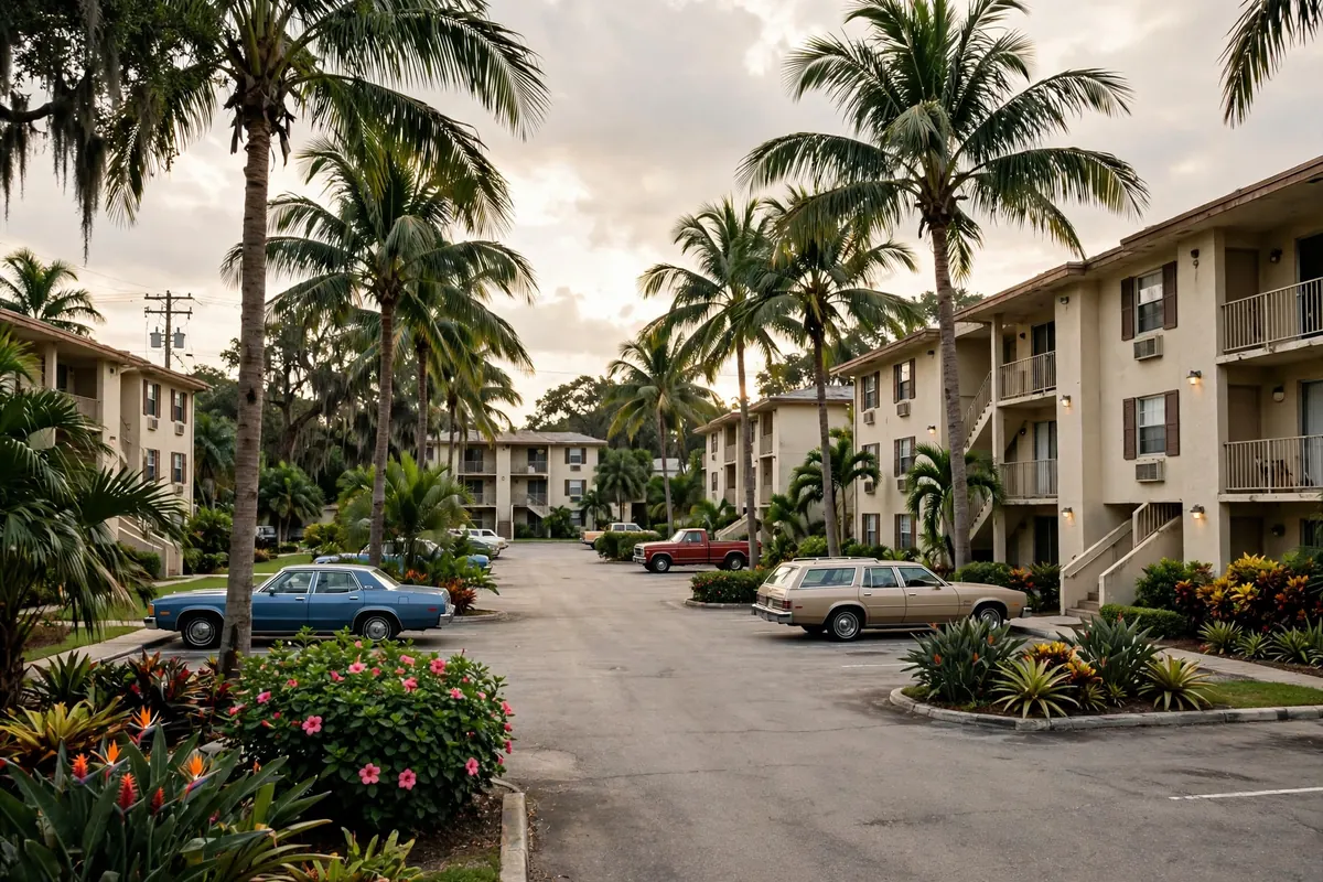South Bradenton Florida suburban street with 1970s condos and palm trees