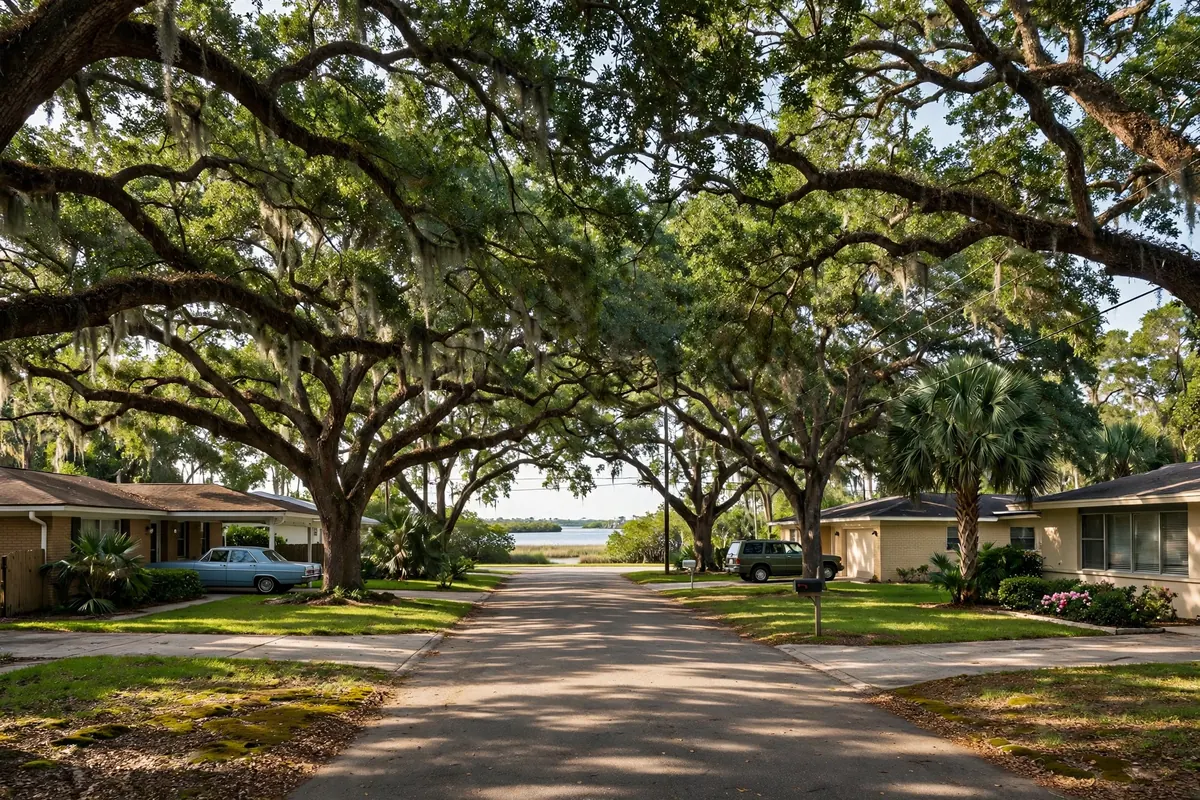 West Bradenton Florida ranch neighborhood street with 1950s homes and oak trees