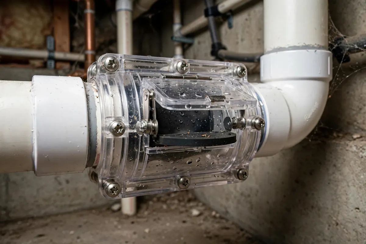 Backwater valve device with visible flapper mechanism for preventing sewer backflow