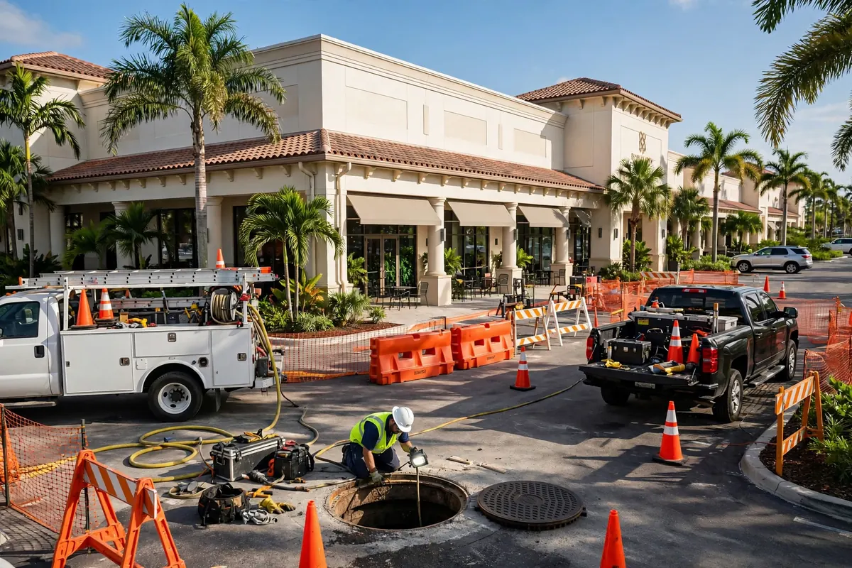 Technician servicing a large commercial sewer cleanout behind a Bradenton restaurant