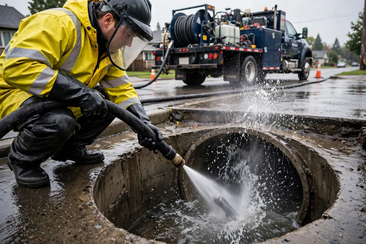 High-pressure hydro jetting hose with specialized nozzle used to clean a sewer line