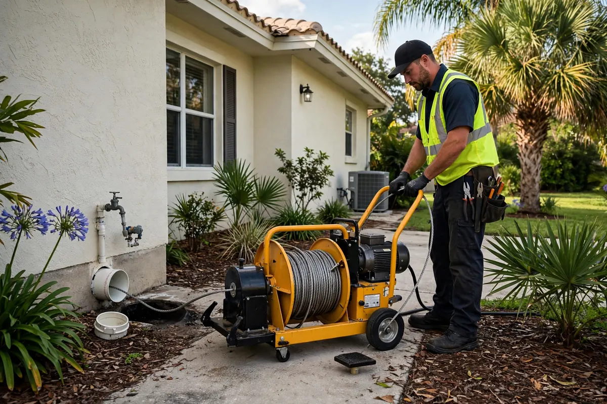 Drain cleaning machine with cable feeding into a main sewer cleanout at a home