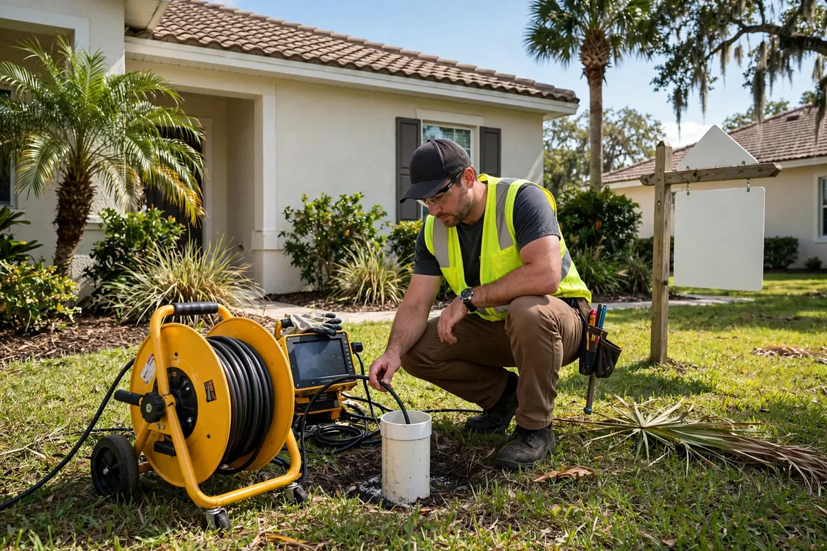 Homebuyer and inspector reviewing sewer camera footage outside a Florida home for sale