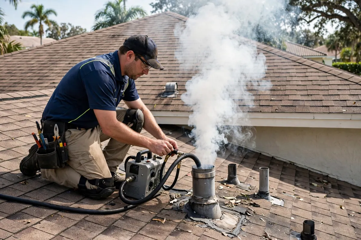 Technician using diagnostic equipment to trace the source of a sewer odor in a home