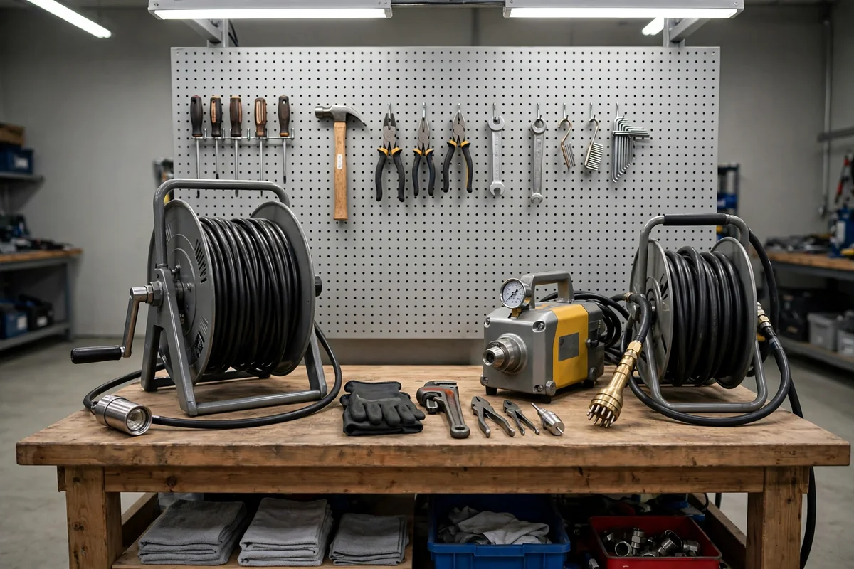 Workshop bench with sewer camera reel and hydro jetting equipment