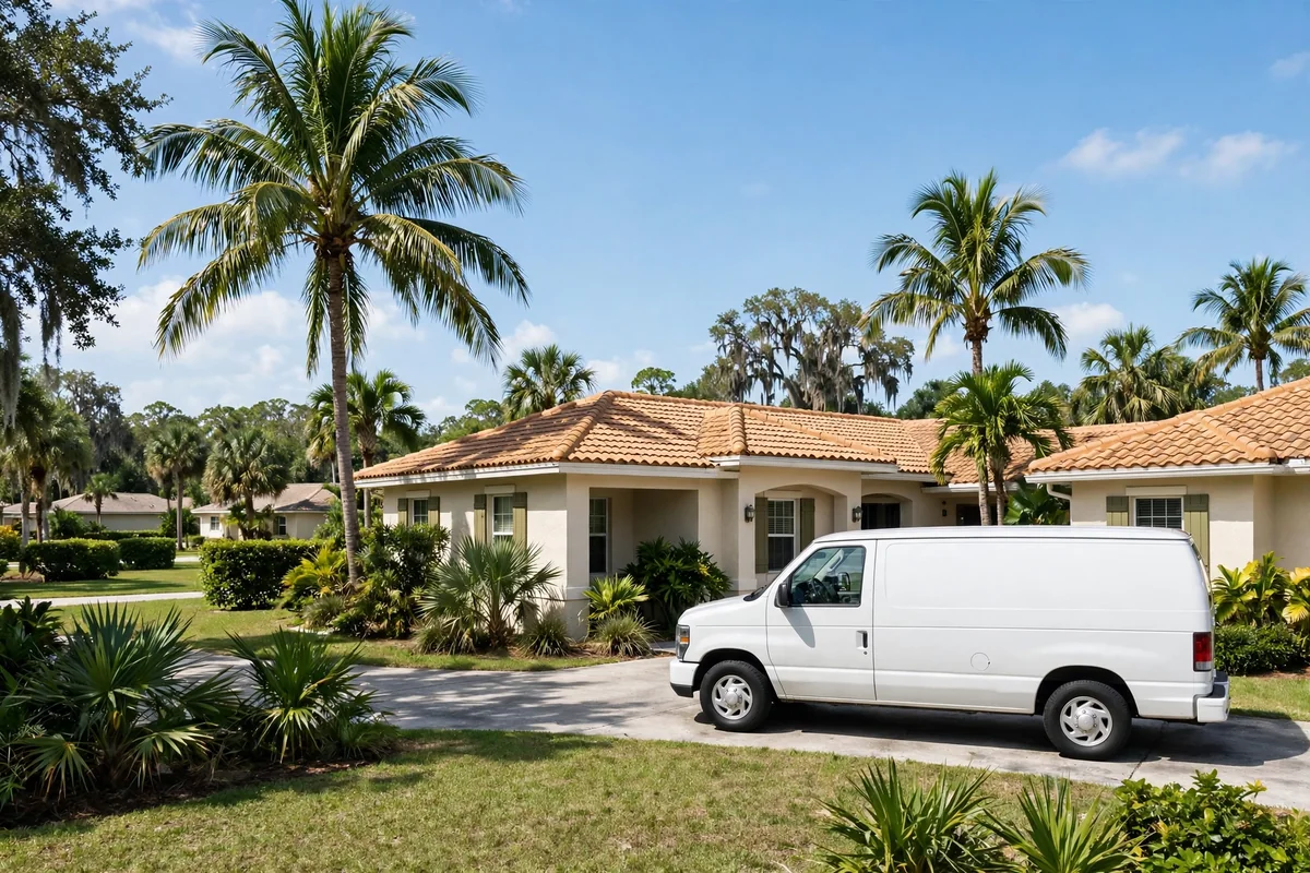 Unmarked sewer service van parked at a suburban Florida home in Bradenton